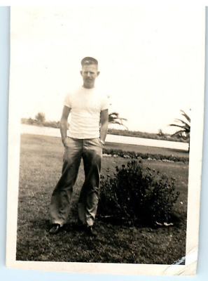 #ad Vintage Photo 1940#x27;s Young Man White T Jeans amp; Cap 4.25x3.25 $7.84