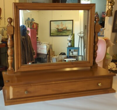 #ad Vintage Gorgeous Solid Wood Tabletop Dresser Vanity Shaving Mirror With Drawer $190.00