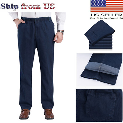 #ad Men Jeans Loose Straight leg Pants Large Size Comfort Elastic Force High Waist $24.46