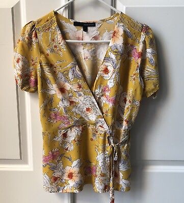 #ad Harve Bernard Small Yellow With Flowers Wrap Rayon Blouse Top Puffy Sleeves $9.25