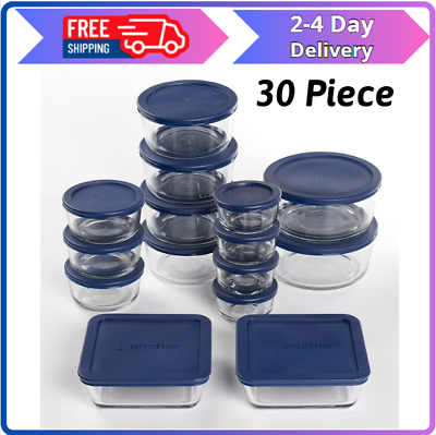 #ad Anchor Hocking Clear Glass Food Storage containers 30 pieces set with Navy Lids $26.99