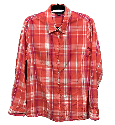 #ad Tommy Hilfiger Size XL Button Roll Tab Sleeve Pink Red Madras Plaid Shirt $18.00