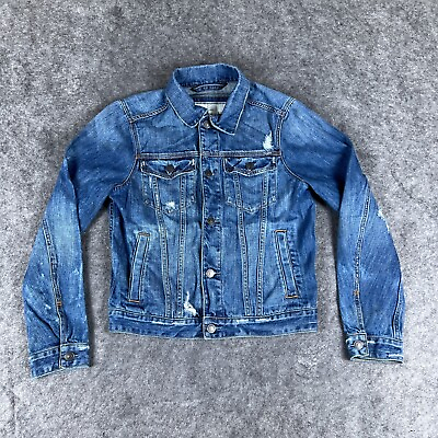 #ad Abercrombie Fitch Jacket Mens Large Blue Jean Trucker Distressed Y2k Button Up $49.99
