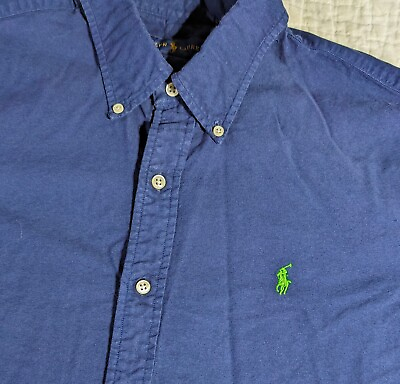 #ad Ralph Lauren Shirt Men#x27;s XL L S Button Up Navy Blue Green Pony Excellent... $20.00