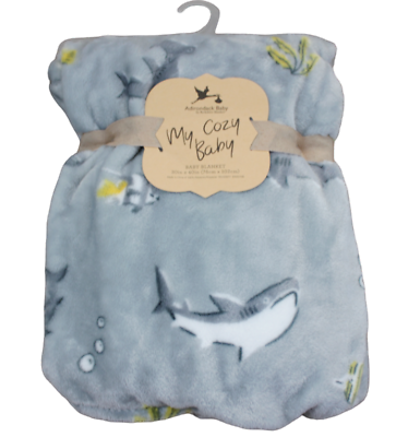 #ad Adirondack My Cozy Baby Gray White Shark Ocean Fleece Blanket Infant Boys NWT $16.10