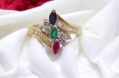 #ad 18K Solid Gold Diamond Emerald Ruby Sapphire Ring Size 5 SAVE 800 #R1148 $474.05
