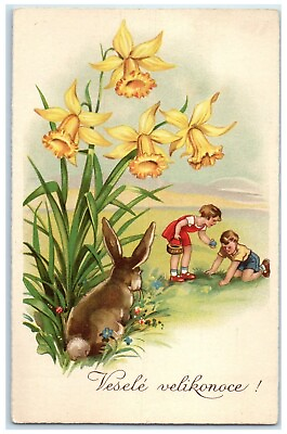 #ad c1910#x27;s Easter Children Egg Bunny Rabbit Flowers Czech Republic Antique Postcard $9.98