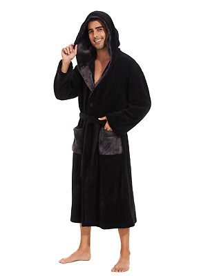 #ad Mens Robes Mens Fleece Hooded Robes Mens Bathrobe With Hood Mens Soft Warm Fleec $37.99