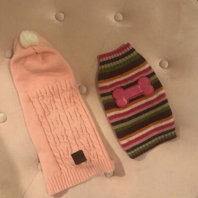 #ad Dog Sweater Hoodie Lot Of 2 Sz XS Pink Colorful Striped amp; Pink White Pom Pom $9.96