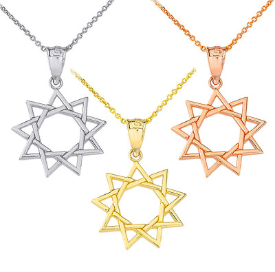 #ad Solid Gold 9 Star Baha#x27;i Sun Openwork Pendant Necklace $221.99