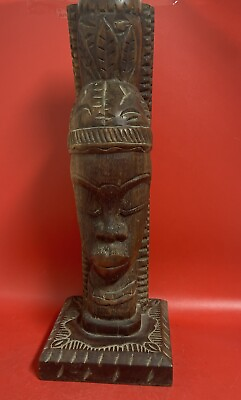 #ad Vintage Hand Carved Wood African Sculpture Tribal Woman Head Bust 21” $85.00