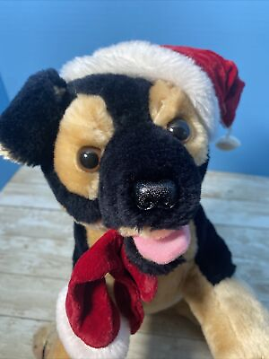 #ad Vintage Mary Meyer Plush Dog German Shepherd Puppy Santa Hat Sock In Mouth 13quot;L $27.89