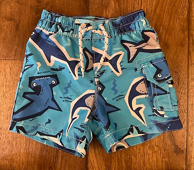 #ad Baby Gap Boy Swim Trunks 12 18 Mo Swimming Suit Board Shorts Lined Shark Fish $5.99