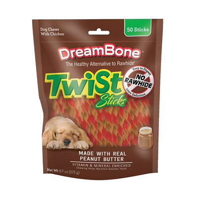 #ad Dog Chews Twist Sticks with Peanut Butter Rawhide Free 9.7 Oz. 50 Count $21.09