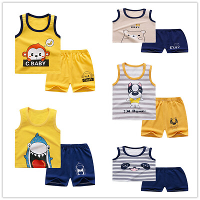 #ad Toddler Boys Girls Unisex Clothes Set Sleeveless Cartoon Print Vest Top Shorts $11.04