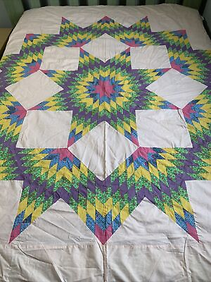 #ad Vintage Quilt TOP Broken Star 67x77 Colorful On Pale Pink Machine Pieced $160.00