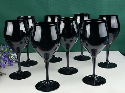 #ad Set of 8 Black Blown Glass Water Goblets All Black $115.00