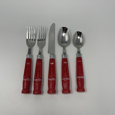 #ad Set Of 5 Gibson Stainless Red Plastic COCA COLA Bottle Flatware Lot Service $17.99