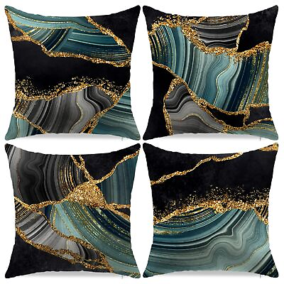 #ad YAJTJX Marble Texture Sofa Throw Pillow Covers Blue Gray and Gold Decorative ... $23.94