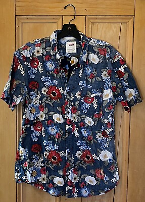 #ad LEVI#x27;S Mens Floral Button Up Short Sleeve Cotton Retro Shirt Size Large Blue NEW $29.94