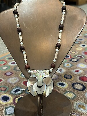 #ad LEE SANDS MOSAIC LION FACE BLACK WOOD MOTHER OF PEARL BEAD 22quot; NECKLACE VINTAGE $24.95