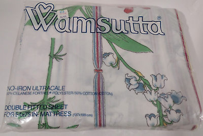 #ad Vintage Wamsutta Ultrcale Double Fitted Sheet Old Store Stock Floral Ribbons $17.95