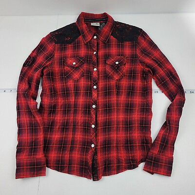 #ad harley davidson red and black plaid with lace and back print long sleeve snap M $15.04