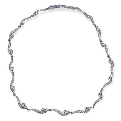 #ad Scalloped Rhinestone Necklace Silver Tone Fold Over Closure 16 Inch $23.00