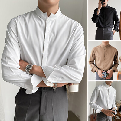 #ad Mens Long Sleeve Formal Shirt Collarless Button Up Blouse Office Smart Shirt Top $17.76