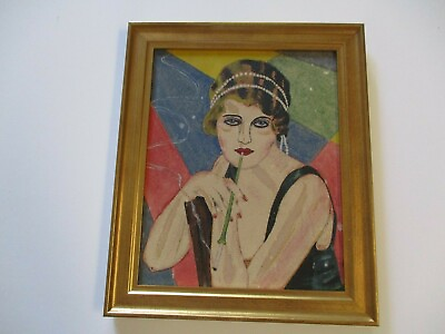 #ad ANTIQUE ART DECO FLAPPER PAINTING VINTAGE PRETTY WOMAN FEMALE MODEL 1920#x27;S $450.00