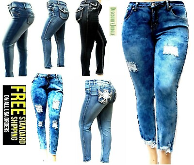 #ad Womens PLUS SIZE Stretch BLUE denim jeans SKINNY Bootcut Curvy Distressed PANTS $28.99