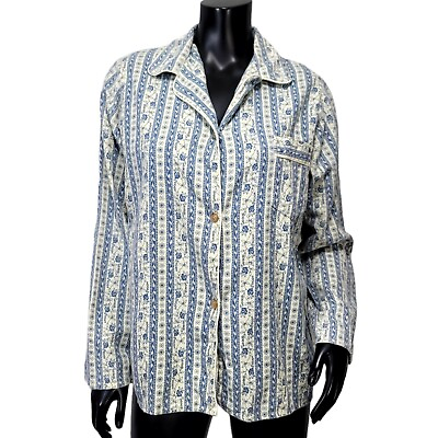#ad Vintage 80s Lyn Anne Womens 38 USM Blue Ivory Flannel Button Up Pj Top Shirt $24.79