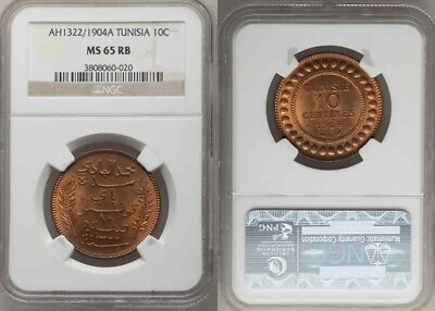 #ad Beautiful 1904A Tunisia Bronze Coin 10 Centimes Muhammad al Hadi Bey NGC MS 65RB $77.77