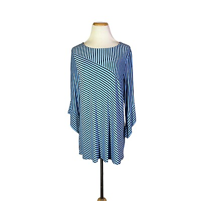 #ad Chico#x27;s Size 2 L Blue Black Striped Knit Tunic Top Stretchy Soft $19.79