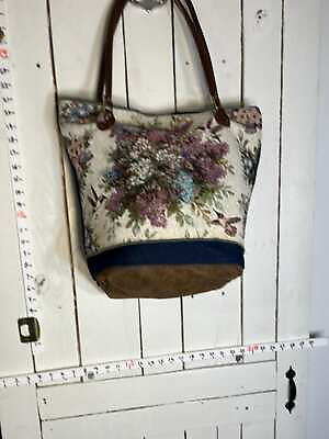#ad Vintage Hummingbird Tapestry Denim HandbagTote Vegan Leather Zippered Pockets $60.00