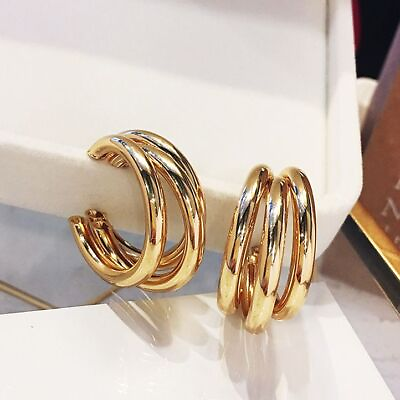 #ad Triple Rings Hoop Earrings Gold Silver Color Earring Big Ear Hoops Women Jewelry $12.29