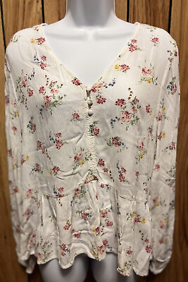 #ad So Junior Miss Top Size L Floral Print On Cream Long Sleeve With Elastic Wrist $6.00