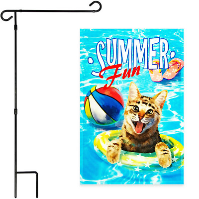 #ad Garden Flag Stand Black 36x16IN amp; Garden Flag Summer Fun Cat in Pool 12x18IN $24.99