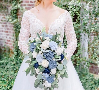 #ad Bridal Bouquet Cascade Sola Wood Ivory Dusty Blue Slate Navy Wedding Flowers $120.00