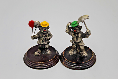 #ad Vintage Price Products Pewter Clowns With Wood Base 3.5quot; Inch Figurines Pair $16.95