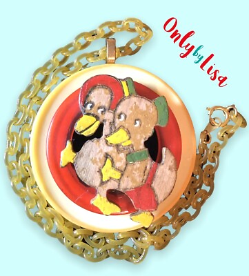 #ad Wood Plastic amp; Bakelite Necklace Charming Duck Couple Pendant on Resin Chain $40.00
