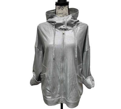 #ad Ralph Lauren Women#x27;s Silver Metallic Stretch Hoodie Jacket Relaxed Size XL $49.94