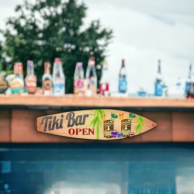 #ad ‘Tiki Bar Open’ Metal Novelty Surfboard Sign: 17” L x 4.5” W. Free Shipping $21.95
