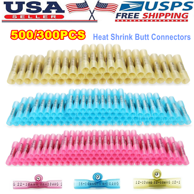 #ad 500 300pcs 22 10AWG Heat Shrink Butt Wire Splice Connectors Seal Crimp Terminals $56.69