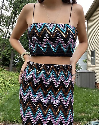 #ad stunning 2 piece bodycon sequin outfit chevron size small New Crop Top Skirt $40.00