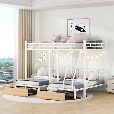 #ad Triple Bunk Bed Metal Full over Two Twin Beds with Storage Drawers and Shelf Det $634.99