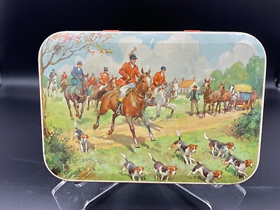 #ad Vintage Thornes Toffee Tin with Attached Lid hunting scene leads england B1 $20.00