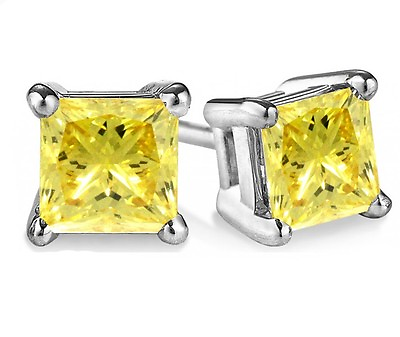 #ad 1.00 Ct Fancy Canary Yellow Princess Diamond Studs Earrings Man Made 14k SE05101 $293.55