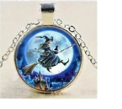 #ad MOON WITCH BROOM HALLOWEEN Pendant Sterling 925 Silver 18quot; Necklace Gift $19.89