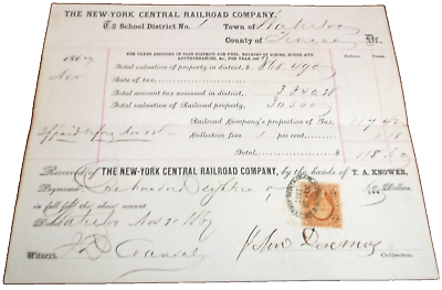 #ad OCTOBER 1867 NEW YORK CENTRAL NYC RAILROAD TAX BILL WATERLOO SCHOOL DISTRICT $75.00